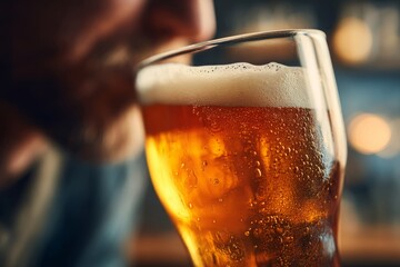 Refreshing glass of golden beer with creamy foam, capturing the essence of relaxation and the inviting amber hue, perfect for savoring a moment.