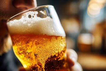 A refreshing pint of golden beer, complete with frothy head, held up to the light and ready for a cool, crisp sip after a long day in a warm setting.