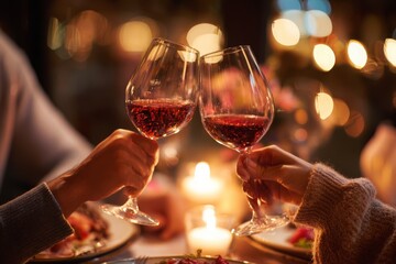 Two people toasting with red wine glasses at a romantic candlelit dinner, creating an intimate and celebratory atmosphere, sharing a special moment together.
