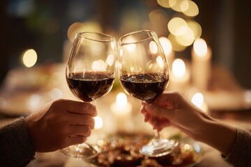 Close-up of two wine glasses being clinked together over a candlelit dinner table, celebrating a special occasion with loved ones in a warm and inviting atmosphere.
