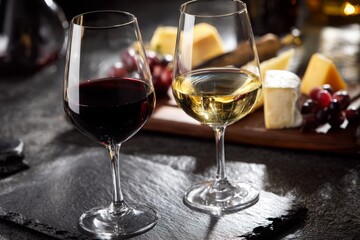 Elegant arrangement of red and white wine glasses, complemented by an assortment of fine cheeses and fresh grapes, all presented on a stylish dark slate surface, perfect for wine tasting.