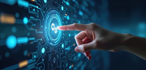 Hand touches glowing digital interface with gears icon. Future tech, data process automation, network connect. Modern business system control, digital circuit board background.