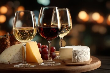 A delightful pairing of red and white wine with assorted cheeses on a wooden board, creating a sophisticated and inviting still life, perfect for wine enthusiasts.