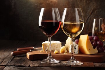 Elegant wine tasting still life, featuring red and white wines in glasses with gourmet cheese selection and grapes, on a rustic wooden surface against a dark background.