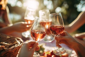 A group of friends toasting with glasses of rose wine at an outdoor picnic, celebrating friendship and sharing a joyful moment on a sunny summer day.