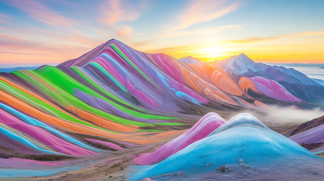 Vibrant rainbow mountains under a golden sunrise sky - Powered by Adobe