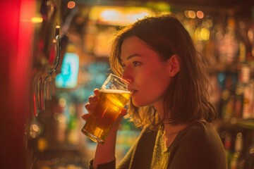 Portrait of a woman drinking beer in a bar, with a focus on the golden liquid and her serene expression, creating a warm and inviting atmosphere.