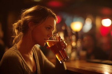 A young woman enjoys a refreshing pint of golden beer in a softly lit bar setting, creating a relaxed and inviting atmosphere for social interaction and unwinding.