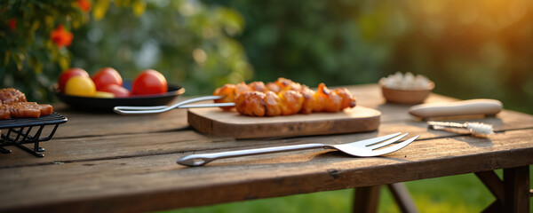 Wooden table with grilled food and vegetables for outdoor dining. Barbecue tools, spatula, brush, skewers ready for summer feast. Family cooking meal in backyard.