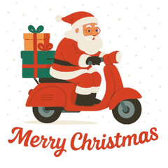Santa claus riding a red scooter delivering gifts with merry christmas text and snow