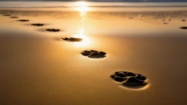 夕暮れの海辺に残された犬の足跡と黄金色の光