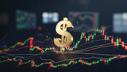 Golden dollar sign with stock market data, financial investment concept