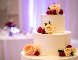 Two-tiered wedding cake with roses and raspberries as decoration