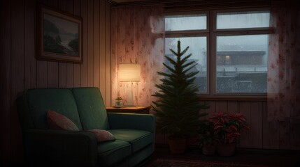 Naklejka premium Cozy living room with a green couch and a Christmas tree
