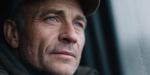 Man with a hat and glasses looking out a window