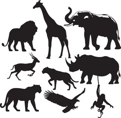 African safari animals silhouette collection lion giraffe