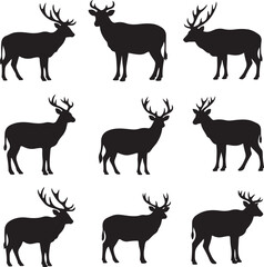 Black silhouettes of deer with antlers on white background