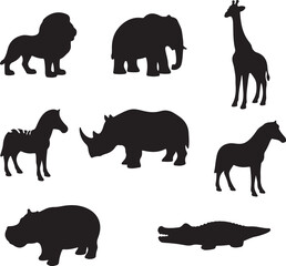 Black silhouettes of safari animals on white background