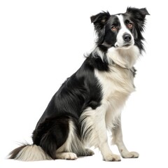 Fototapeta premium A beautiful purebred black and white border collie dog sitting obediently on a white background looking alert
