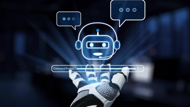 A futuristic depiction of a chatbot interacting through a robotic hand and digital command prompt, symbolizing advancements in AI technology and seamless communication. Synapse