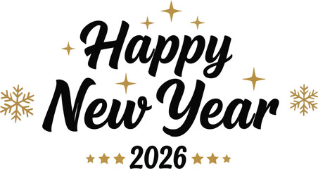 Happy New Year 2026 Celebration Gold Typography Design with Snowflakes