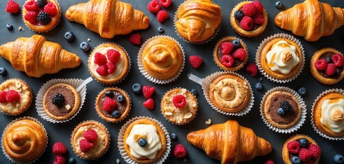 Assorted fresh pastries including golden croissants, round tarts with cream, chocolate, various berries like raspberries, blueberries, blackberries. Nuts decorate sweet baked goods. Delicious spread
