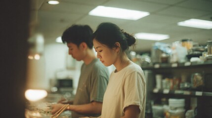 Young couple in a kitchen preparing food together. the man and woman are standing in front of a counter, with the man holding a pair of chopsticks and the woman holding a plate of food.