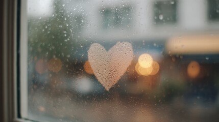 Close-up of a window with raindrops on it. in the center of the image, there is a small heart-shaped object that appears to be made of a textured material.