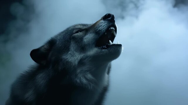 Creepy wolf bares its fangs in thick fog during the eerie night, creating a haunting scene full of tension and mystery