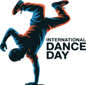 Breakdancer in dynamic pose with International Dance Day text dancing bboy