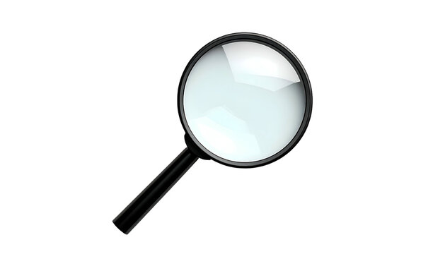 A shiny, realistic magnifying glass with a black handle, against a solid black background