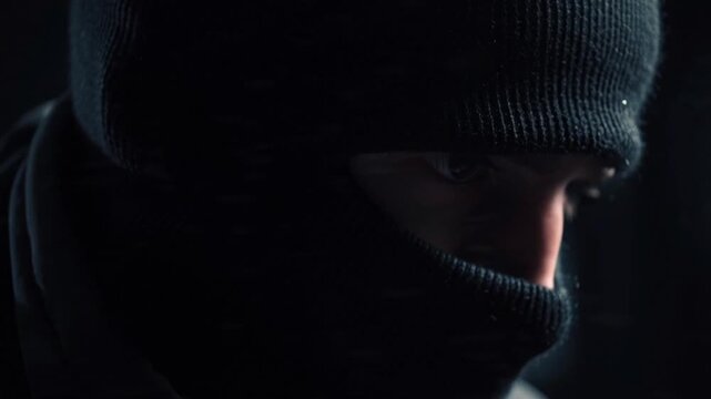 Cinematic Portrait of a Suspicious Figure Wearing a Black Ski Mask in a Dark, Mysterious Environment, Surrounded by Shadows and Dramatic Lighting, Evoking Suspense, Danger, and Intrigue