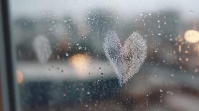 Close-up of a window with raindrops on it. the raindrops are scattered across the glass, creating a heart shape. the background is blurred, but it appears to be a cityscape with buildings and lights. - Powered by Adobe