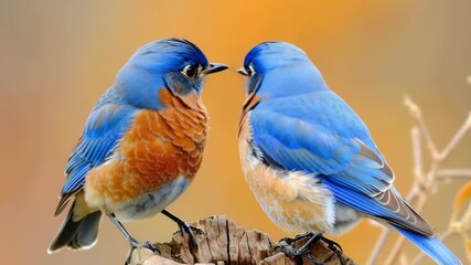 Video Two colorful birds perched on a tree stump, ready to take flight