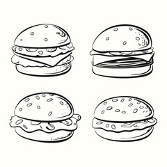Four hamburger line art illustrations depict various styles of sandwiches on white background
