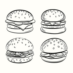 Outlined drawing shows four burgers with sesame seed buns and various fillings