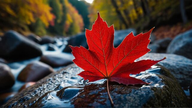 Video A single red leaf sits atop a rock next to a calm river, perfect for use in nature-inspired designs and compositions