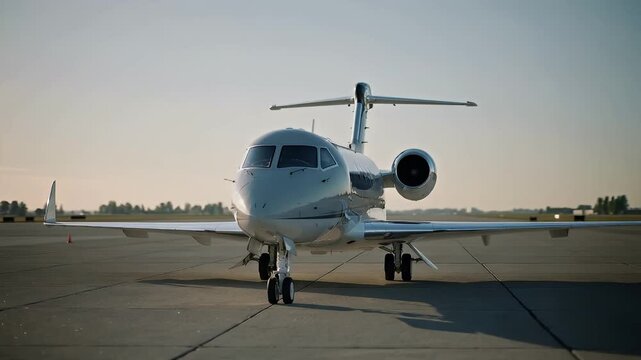 Private jet takes off from the airport in bright daylight with a clear sky