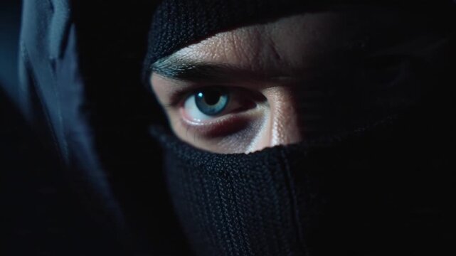 Cinematic Portrait of a Suspicious Figure Wearing a Black Ski Mask in a Dark, Mysterious Environment, Surrounded by Shadows and Dramatic Lighting, Evoking Suspense, Danger, and Intrigue