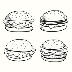 Four delicious handdrawn burger icons display the components in a stylized, artistic way