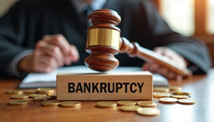 Judge with gavel declares bankruptcy. Wooden block features the word bankruptcy. Concept is financial struggle debt court order. Gold coins scattered on desk represent money problems.