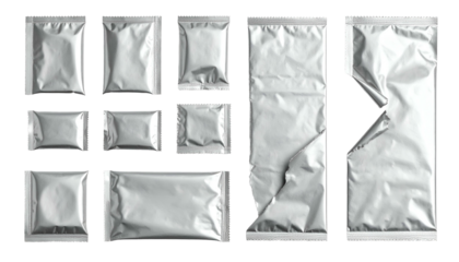 Silver sealed pouches of various sizes, with one torn open, arranged on black