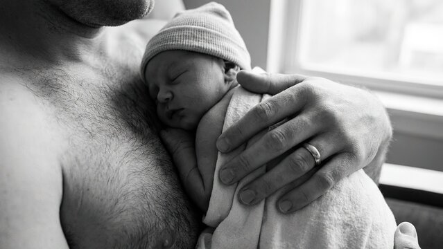 Black and white close-up of a father holding his newborn baby in his arms. - Powered by Adobe