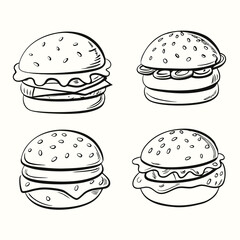 Four unique monochrome burgers showcase varied fillings and toppings on a light background