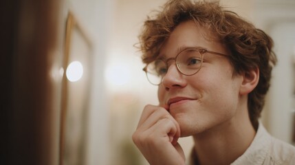 Close-up portrait of a young man with curly hair and glasses. he is looking off to the side with a thoughtful expression on his face.