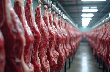 Raw beef carcasses hang in cold storage room on hooks in meat processing facility. Chunks of red meat are arranged in rows, ready for packaging and distribution in industrial food production line.