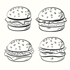 Four monochrome burger drawings show sesame seed buns with lettuce, cheese, and meat