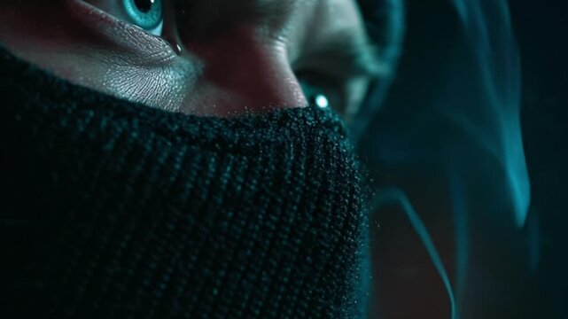 Cinematic Portrait of a Suspicious Figure Wearing a Black Ski Mask in a Dark, Mysterious Environment, Surrounded by Shadows and Dramatic Lighting, Evoking Suspense, Danger, and Intrigue