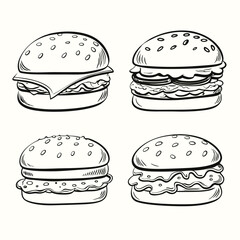 Four detailed burger sketches showcase varying layers, toppings, and sesame seeded buns