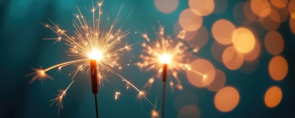 Two sparklers burn brightly against a dark teal background. Out of focus bokeh lights add to the festive atmosphere. This captures the excitement of a celebration.
